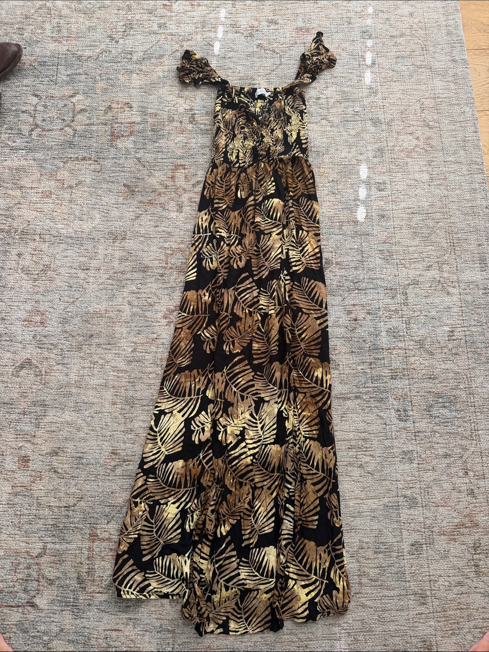 Tiare Hawaii Black and Gold Leaf-Print Maxi Dress
